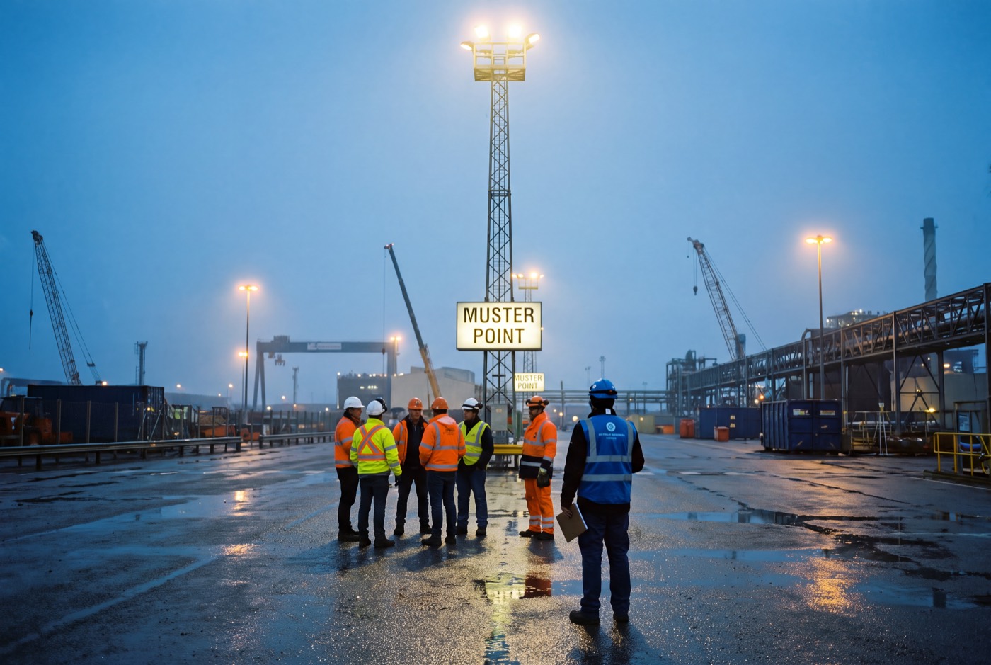 A crew assembled under a lit muster point sign on a wet industrial yard at dusk, a marshal counting them in