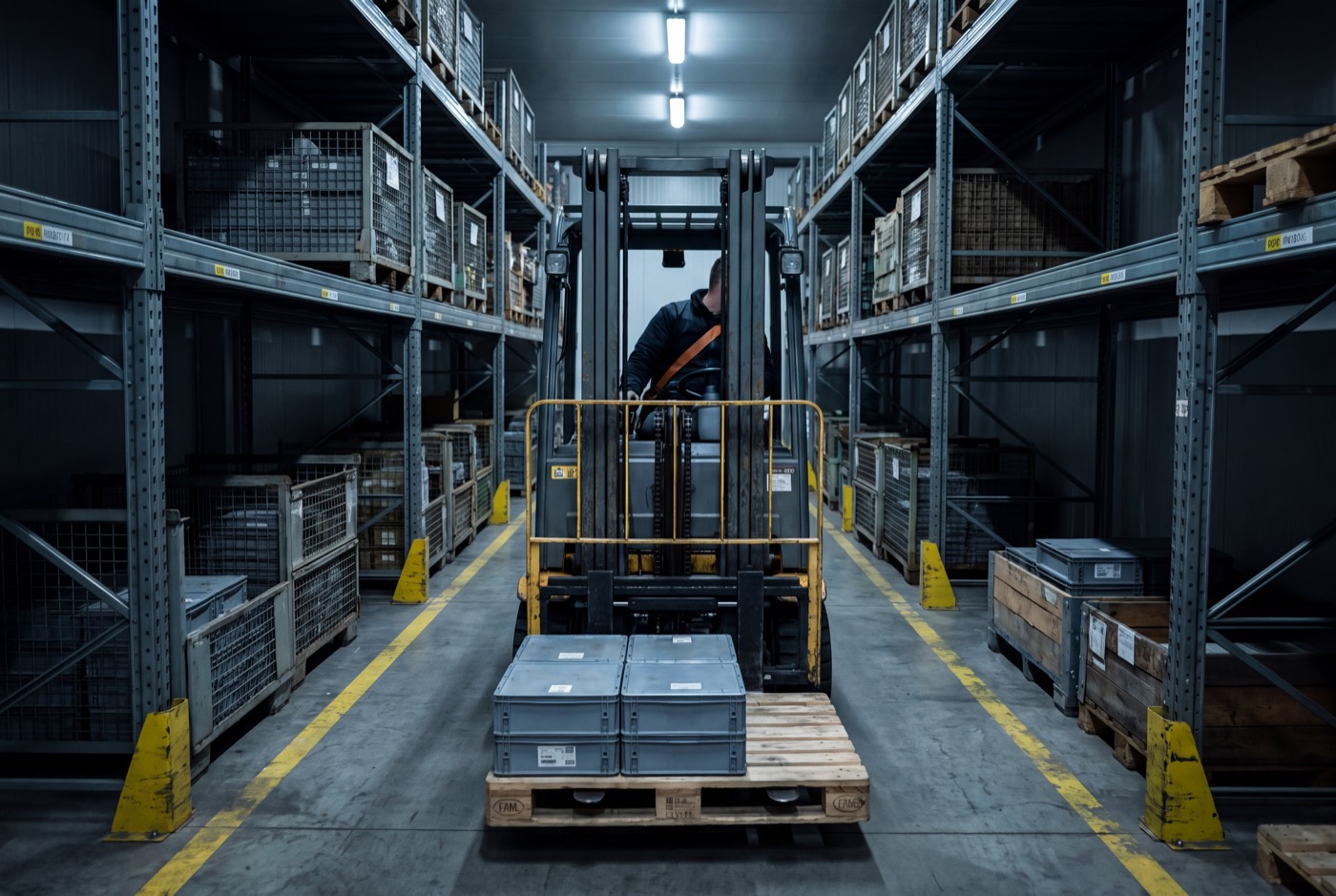 A forklift carrying a loaded pallet down a line-marked aisle between racked warehouse shelving