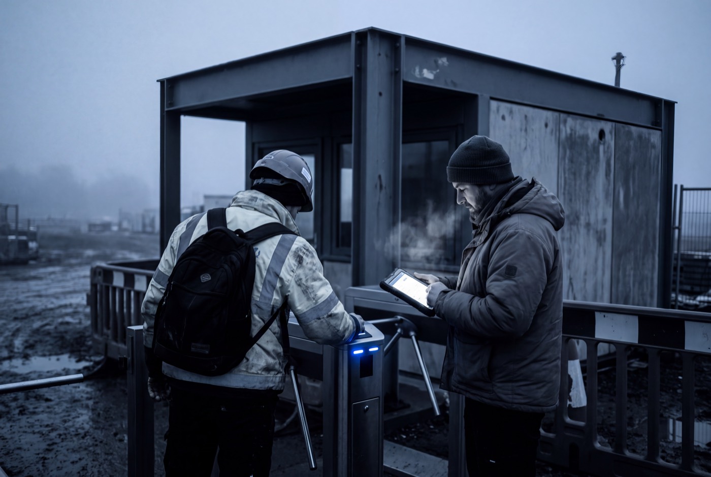 Two workers at a site entry turnstile in dawn fog, one checking a new arrival in on a tablet beside the gatehouse