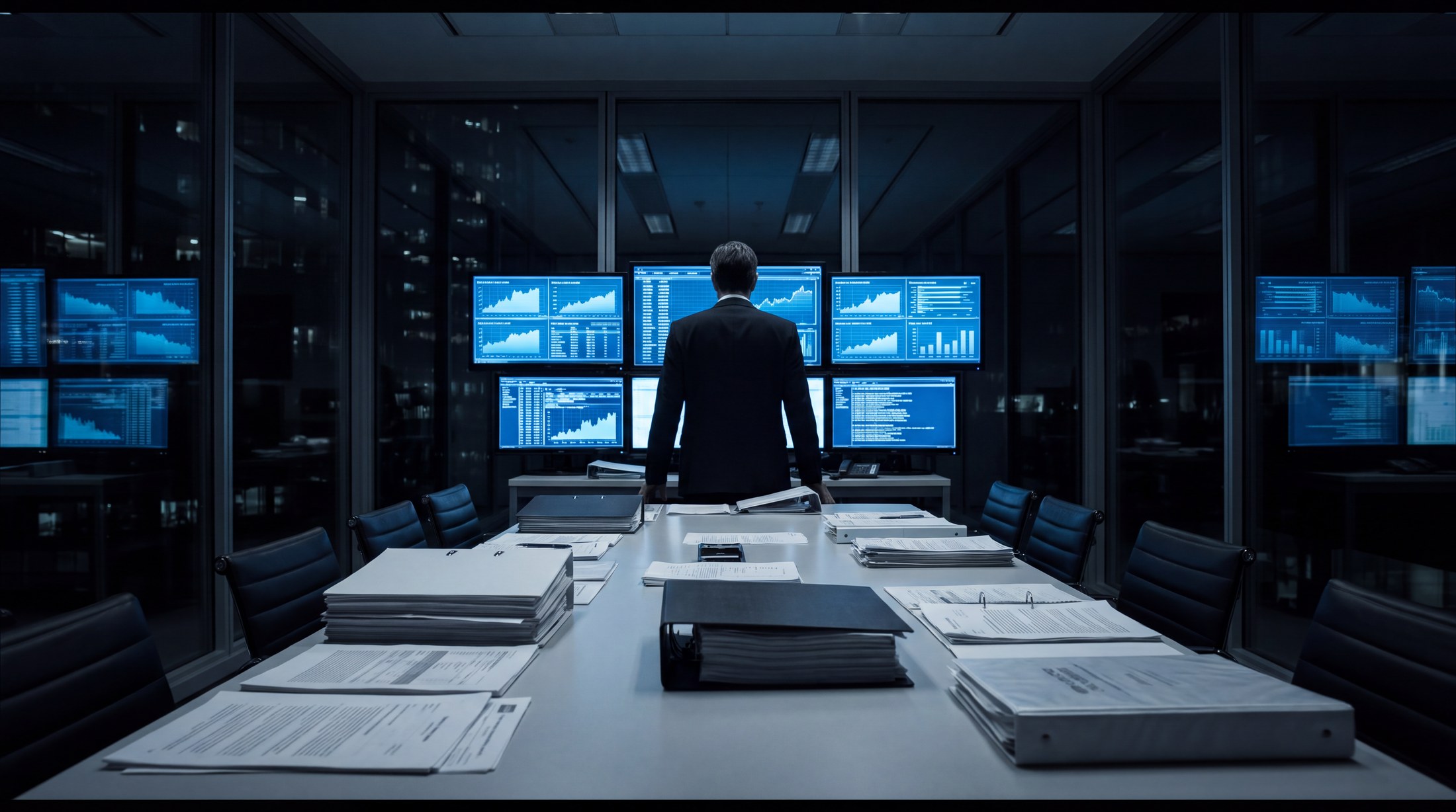 A manager alone in a boardroom at night, monitors glowing behind him and the table covered in printed binders and reports